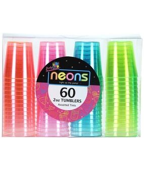 Party Dimensions 60 Count Neon Pink, Green, Orange & Blue Plastic Tumblers 2oz